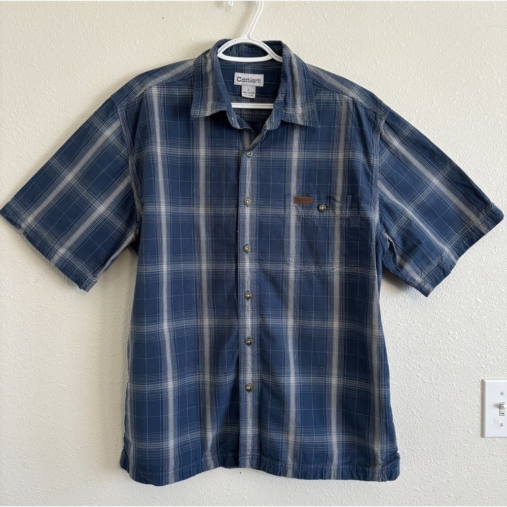 Carhartt Short Sleeve Button Up Shirt Mens Large Blue PlaidRipstop Work Cotton